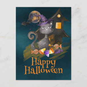 Carte Postale Aquarelle Chat noir avec bonbons, Halloween