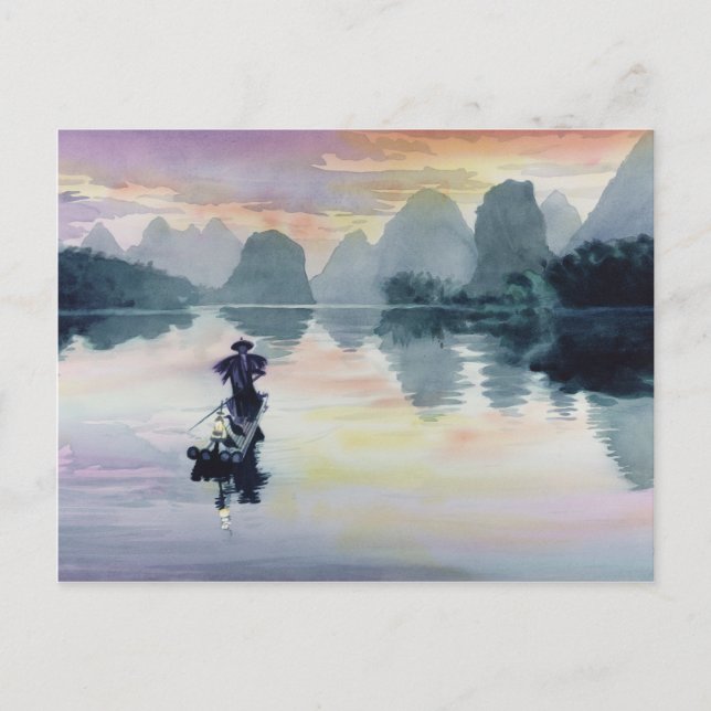 Carte Postale Aquarelle chinoise "Cormorant Fisherman" (Devant)