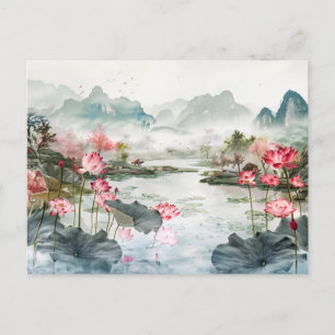 Carte Postale Aquarelle chinoise Lotus et Serene Mountains