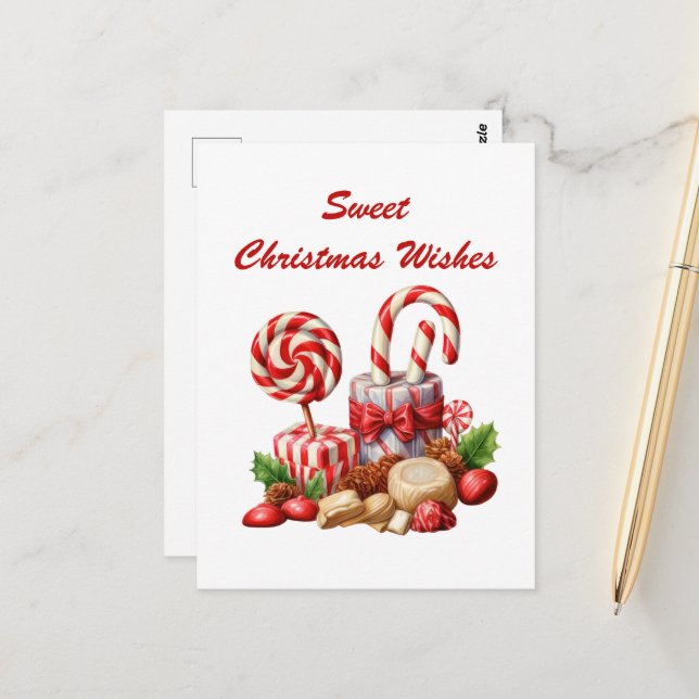 Carte Postale aquarelle chocolat de Noël menthe bonbon ajouter d (Devant/Arrière en situation)