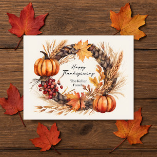 Carte Postale Aquarelle Citrouille et blé Thanksgiving Wreath