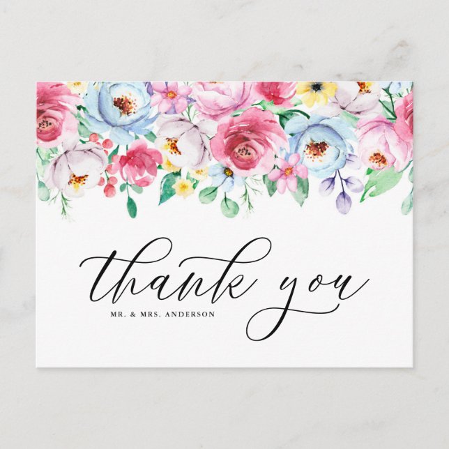 Carte Postale Aquarelle claire Pastel Floral Garland Merci (Devant)