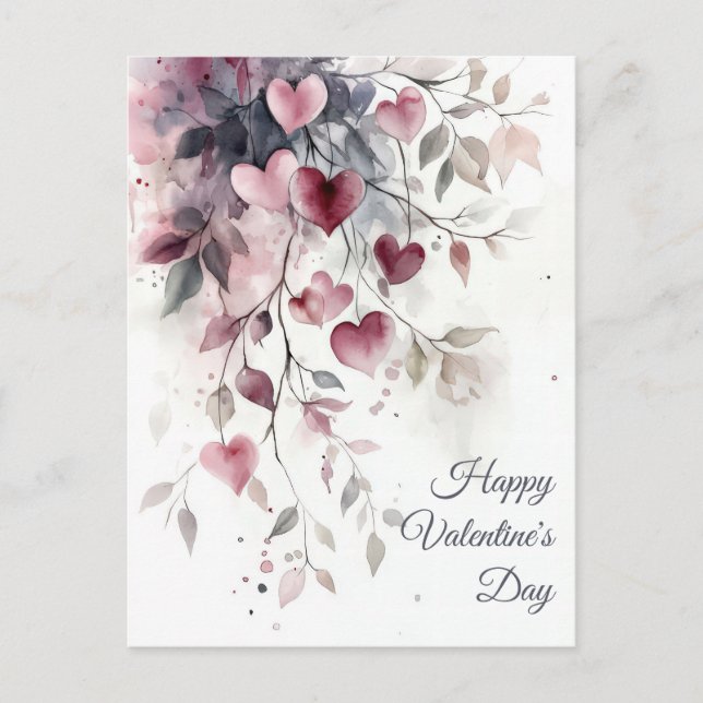 Carte Postale Aquarelle Coeurs et fleurs Salutation de Valentine (Devant)