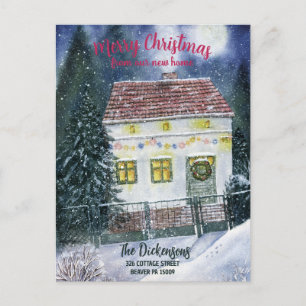 Carte Postale Aquarelle Cottage de Noël Faire-part de déménageme