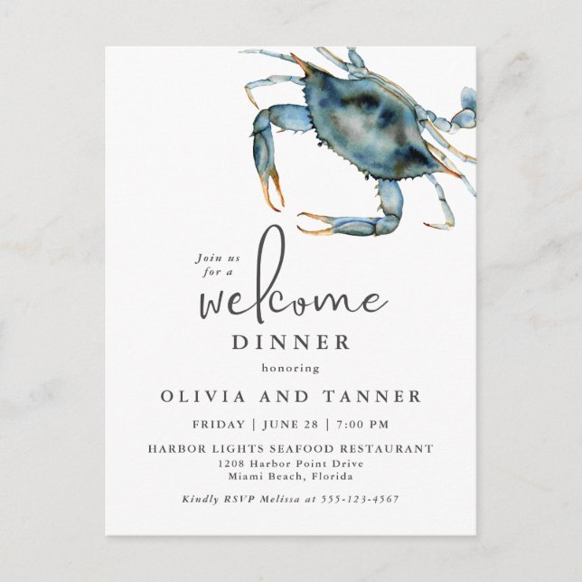 Carte Postale Aquarelle Crâne Bleu Fruits de mer Dîner de bienve (Devant)