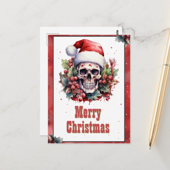 Carte Postale Aquarelle crâne de Noël (Devant/Arrière en situation)