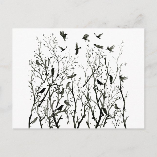 Carte Postale Aquarelle croque en bois la nuit noir (Devant)