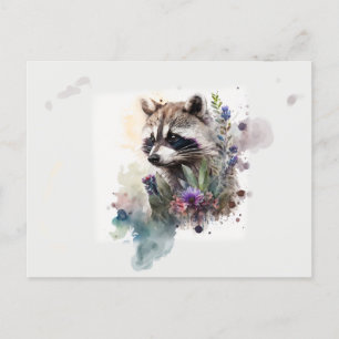 Carte Postale Aquarelle Cute Raccoon Fleurs de printemps