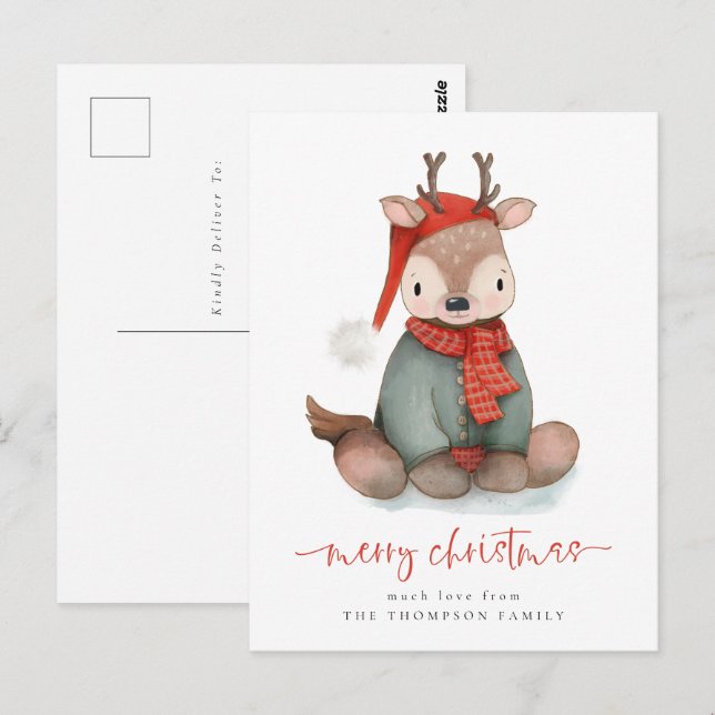 Carte Postale Aquarelle Cute Reindeer Joyeux Noël (Devant / Derrière)