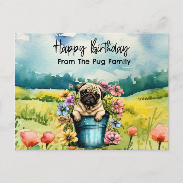Carte Postale Aquarelle d'anniversaire Pug dans les fleurs sauva (Devant)