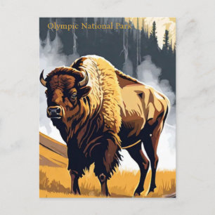 Carte Postale Aquarelle de Bison Buffalo du parc national olympi