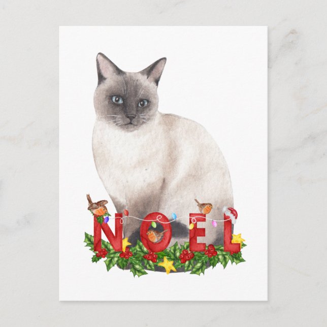 Carte Postale Aquarelle de chat siamois de Noël (Devant)