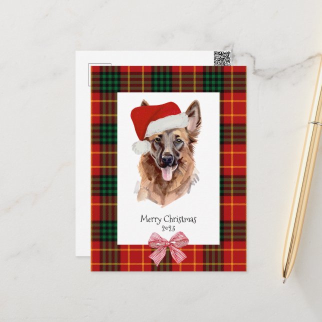 Carte Postale Aquarelle de chien berger allemand plaid Noël (Devant/Arrière en situation)