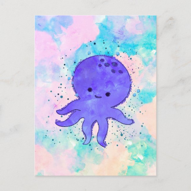 Carte Postale Aquarelle de dessin bleu octopus (Devant)