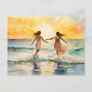 Carte Postale Aquarelle de filles marchant sur la plage