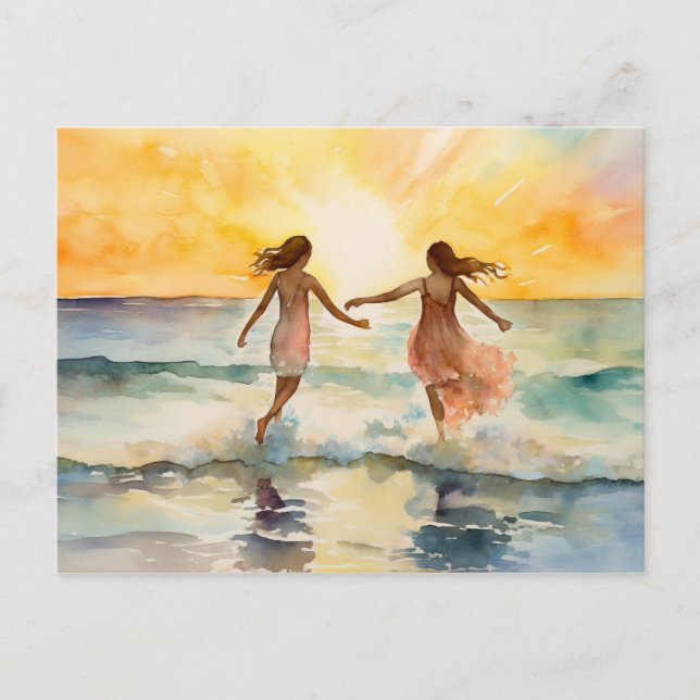 Carte Postale Aquarelle de filles marchant sur la plage (Devant)