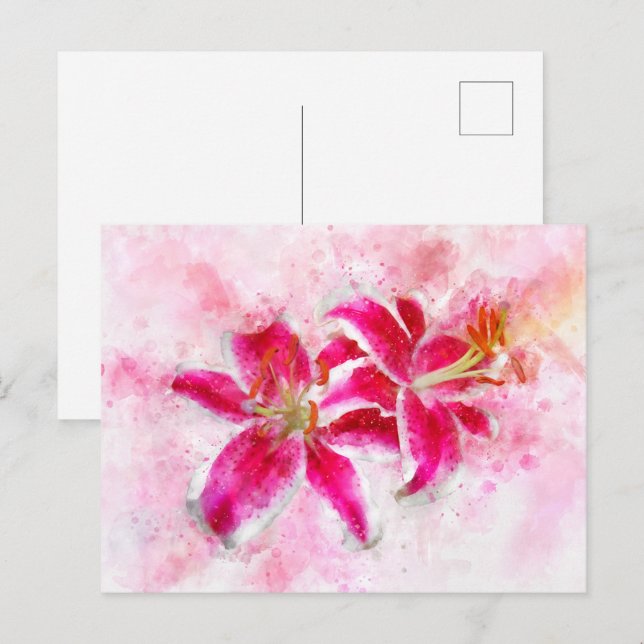 Carte Postale Aquarelle de fleur de Stargazer Lily - wb 03 (Devant / Derrière)