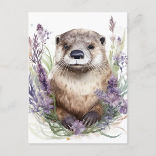 Carte Postale Aquarelle de fleurs pourpres et otter