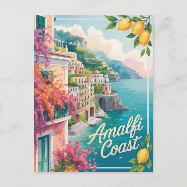Carte Postale Aquarelle de la côte d'Amalfi (Devant)
