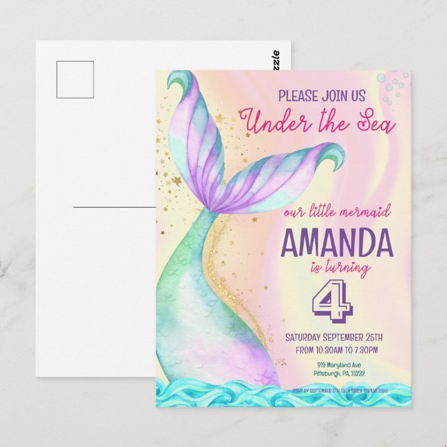 Carte Postale Aquarelle de la queue de sirène Anniversaire sous  (Devant / Derrière)