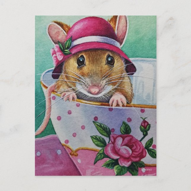 Carte Postale Aquarelle de la souris à thé Whimssical rose Bonne (Devant)