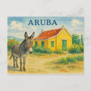 Carte Postale Aquarelle de l'âne d'Aruba et de la maison Cunucu