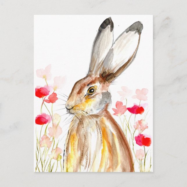 Carte Postale Aquarelle de lièvre animal mignon lapin bois (Devant)