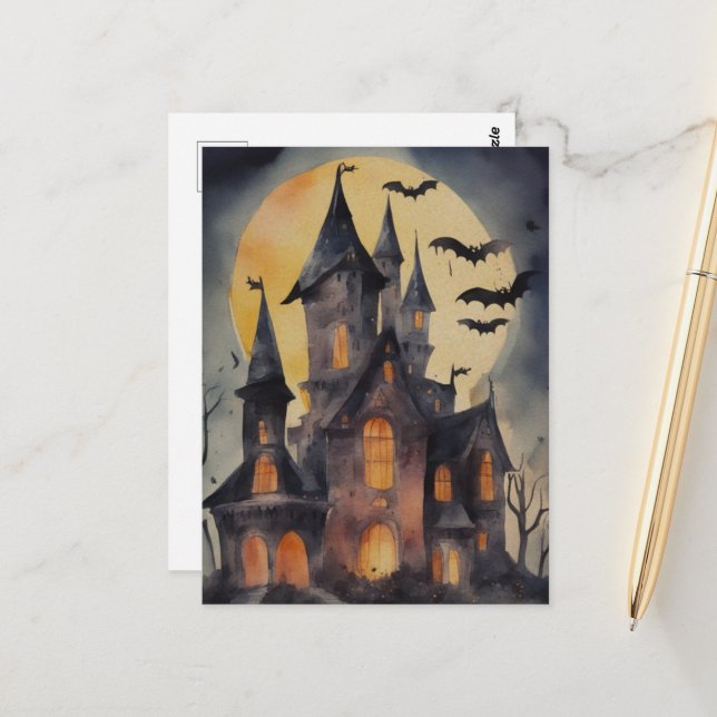 Carte Postale Aquarelle de maison hantée (Devant/Arrière en situation)