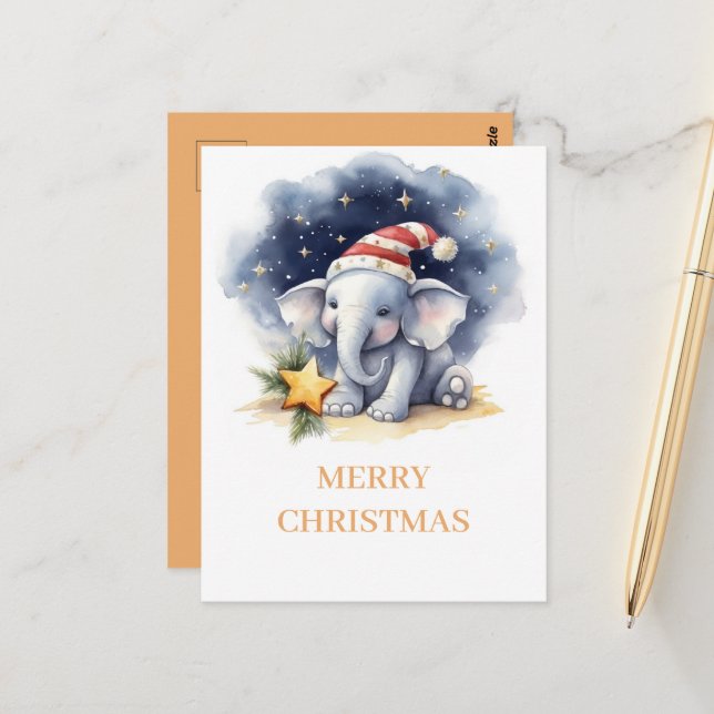 Carte Postale Aquarelle de Noël adorable Eléphant (Devant/Arrière en situation)