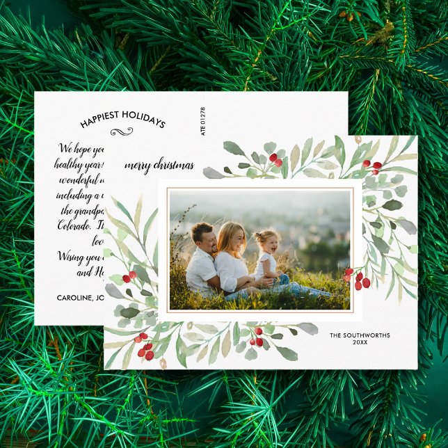 Carte Postale Aquarelle de Noël Baies vertes Photo famille (Créateur téléchargé)
