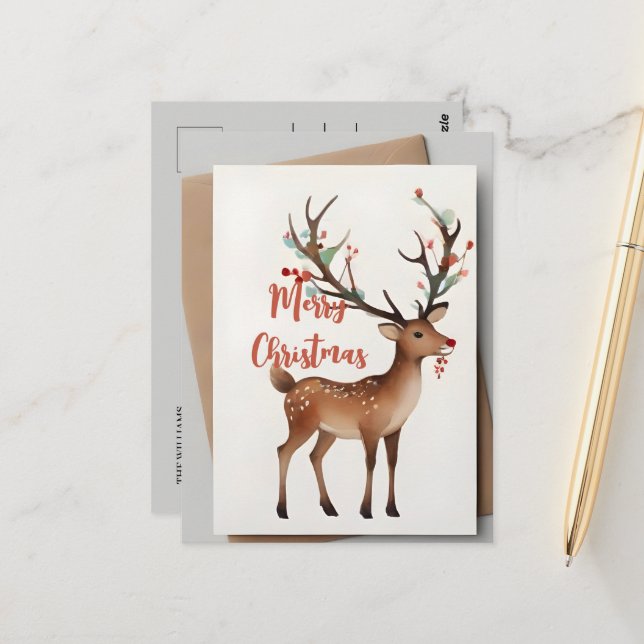Carte Postale Aquarelle de Noël Reindeer (Devant/Arrière en situation)