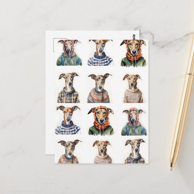 Carte Postale Aquarelle de Noël Whippet (Devant/Arrière en situation)