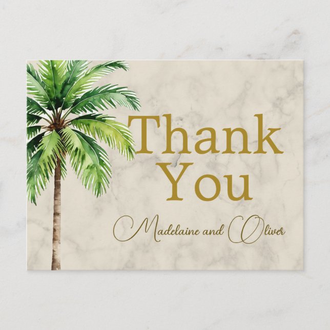 Carte Postale Aquarelle de palmier Merci Mariage tropical (Devant)