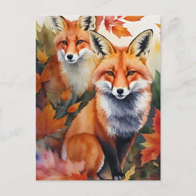 Carte Postale Aquarelle de renards d'automne (Devant)