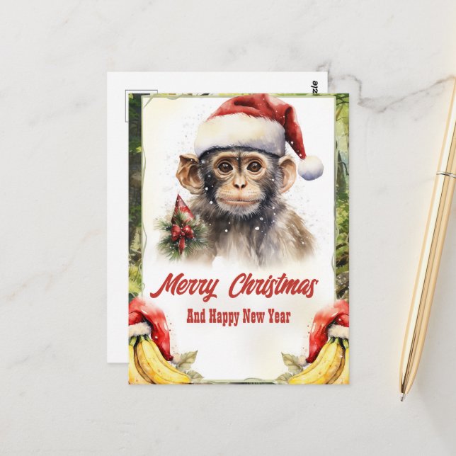 Carte Postale Aquarelle de singe de Noël (Devant/Arrière en situation)