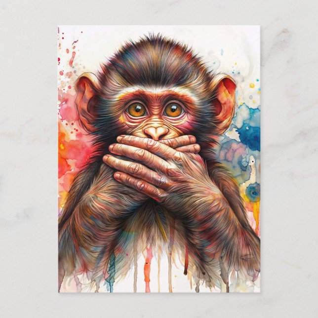 Carte Postale Aquarelle de singe parler pas d'art malin (Devant)