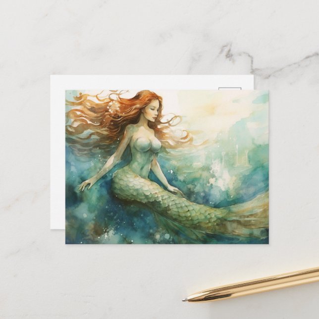 Carte Postale Aquarelle de sirène (Devant/Arrière en situation)