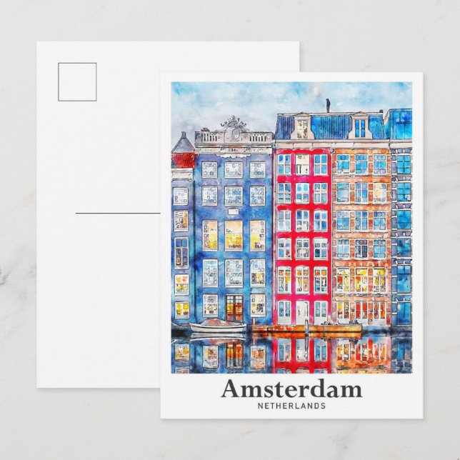 Carte Postale Aquarelle de voyage Amsterdam Pays-Bas tirée à la  (Devant / Derrière)