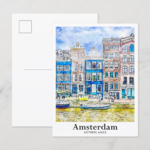 Carte Postale Aquarelle de voyage Amsterdam Pays-Bas tirée à la 