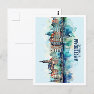 Carte Postale Aquarelle de voyage réputée d'Amsterdam Pays-Bas
