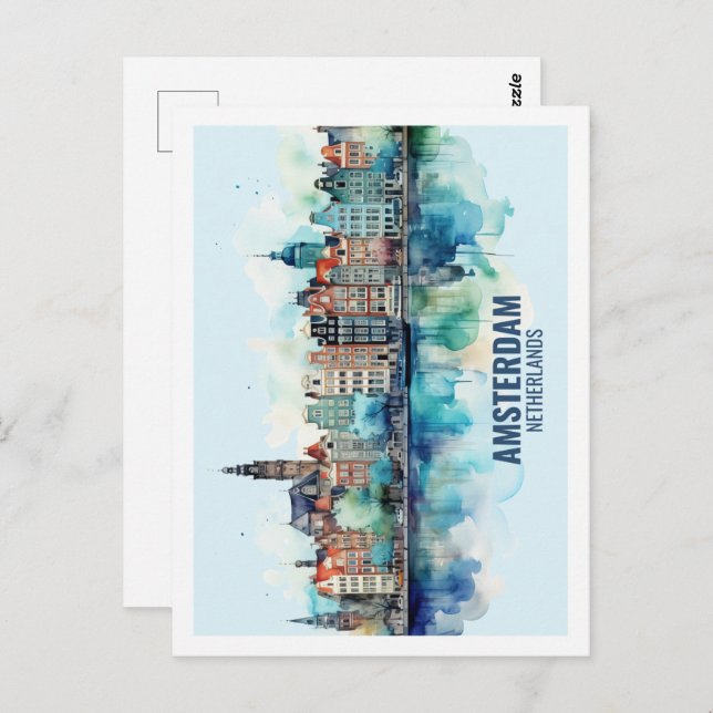Carte Postale Aquarelle de voyage réputée d'Amsterdam Pays-Bas (Devant / Derrière)