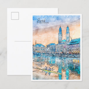 Carte Postale Aquarelle de voyage vintage Suisse Zurich