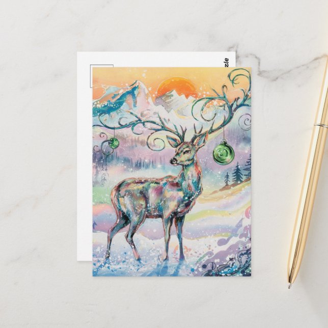 Carte Postale Aquarelle d'hiver Cerf de Noël (Devant/Arrière en situation)