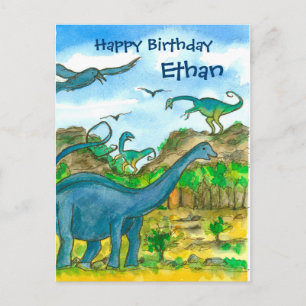 Carte Postale Aquarelle Dinosaures Joyeux Anniversaire Nom perso