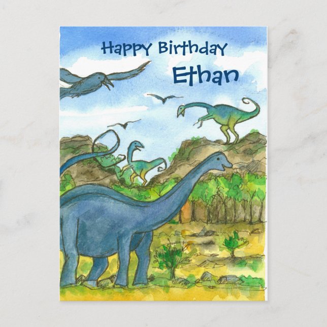 Carte Postale Aquarelle Dinosaures Joyeux Anniversaire Nom perso (Devant)