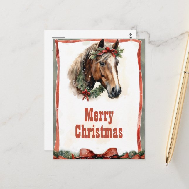 Carte Postale Aquarelle du Cheval de Noël (Devant/Arrière en situation)