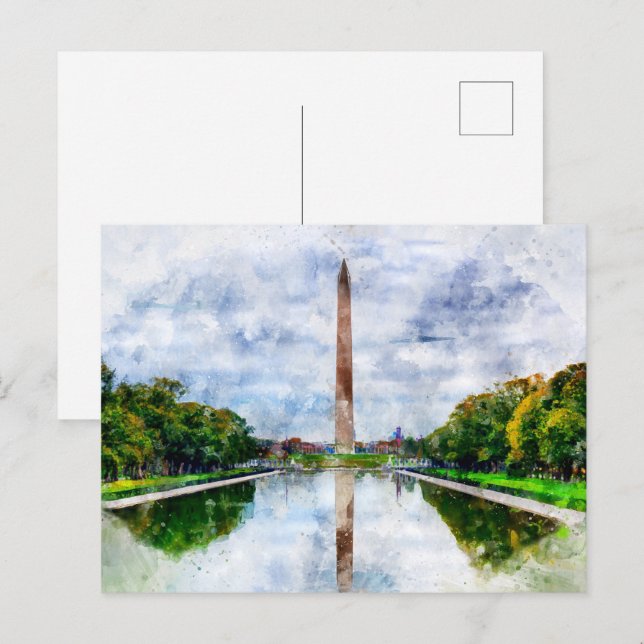 Carte Postale Aquarelle du monument de Washington avec reflet (Devant / Derrière)