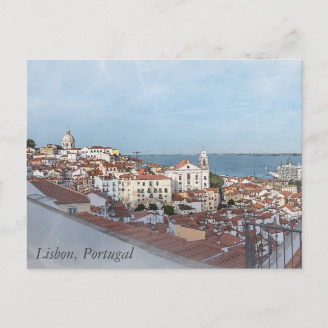Carte Postale Aquarelle du quartier d'Alfama à Lisbonne (Devant)