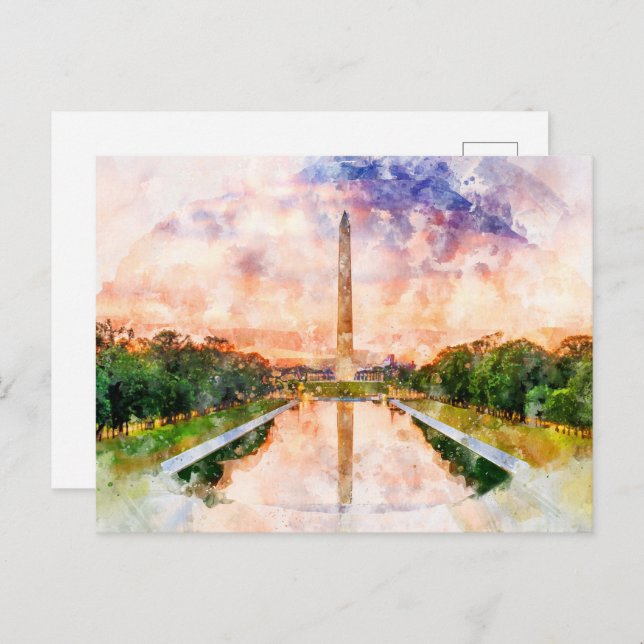 Carte Postale Aquarelle du Washington Monument au coucher du sol (Devant / Derrière)