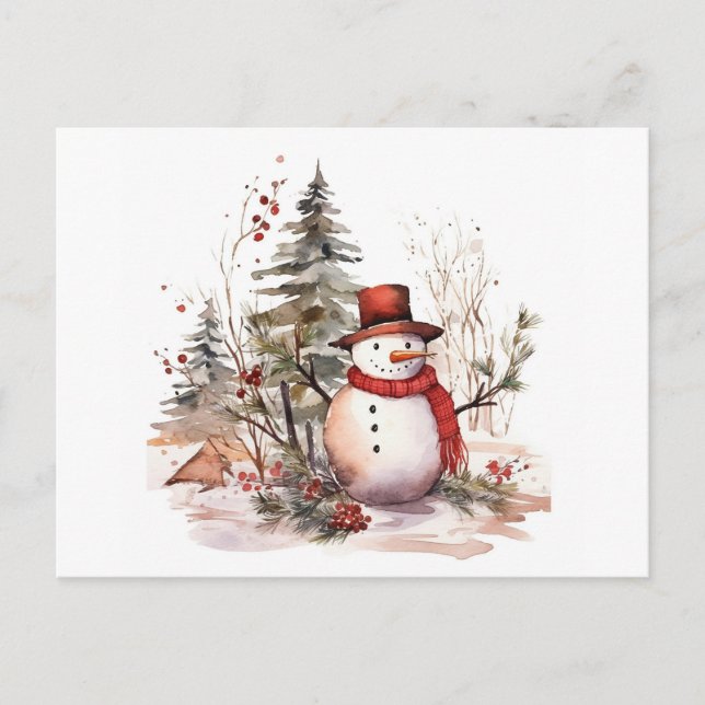 Carte Postale Aquarelle d'un bonhomme de neige dans un casquette (Devant)